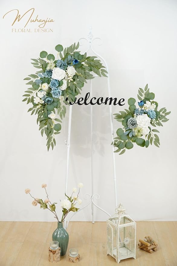 Wedding Sign Faux Flower Swag (Pack of 2) for Ceremony Party Reception Entrance Floral Decor Wall Easel Stand for Wedding Poster Welcome Sign(Blue)