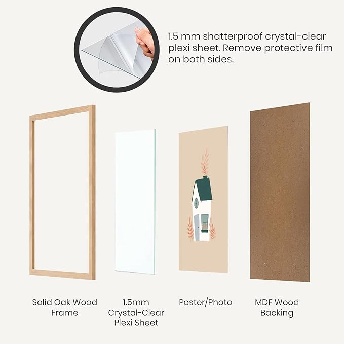 Opposite Wall - 16x16 in - Natural Solid Oak Wood Picture Frame - Lightweight, Versatile & Shatterproof - Wall Hanging Poster or Photo Frame - Wall Decor for Office, Gallery & Home