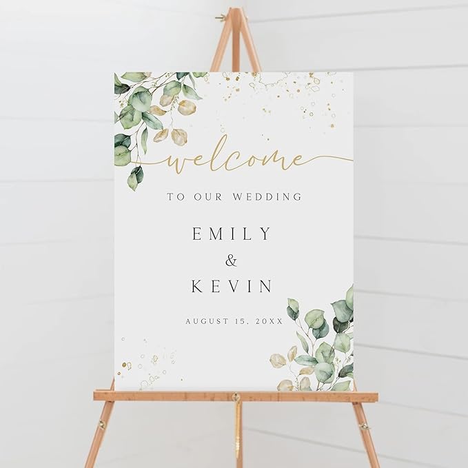 Welcome Wedding Sign Personalized, Greenery Eucalyptus Wedding Sign Decorations Signage 12" X 18" (Small), 27" (Medium), 36" (Large), Plastic, Modern, Pole Mount, Weather