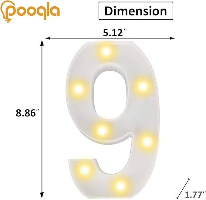 Pooqla LED Light Up Numbers, Warm White and Cool White Decorative Lighted Marquee Numbers for 9th Birthday Party, Gift for Boys Girls, Wedding, Night Light, 9th Birthday Decoration, Number 9