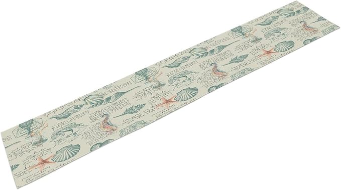 Starfish Table Runner,Seashells Beach Coastal Nautical Sailboat Jellyfish Vintage Hand Drawn Burlap for Hotel Indoors Outdoor Dining Room Kitchen Table Decor, 13x60in