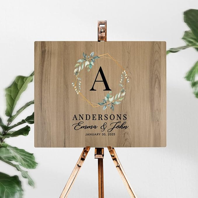 Andaz Press Large Wooden Welcome Sign for Wedding Rustic Welcome Sign 16" x 20" Custom Names & Date Geometric Greenery Fall Wedding Signage English Oak MDF Wood Finish Reception Indoor Outdoor Sign