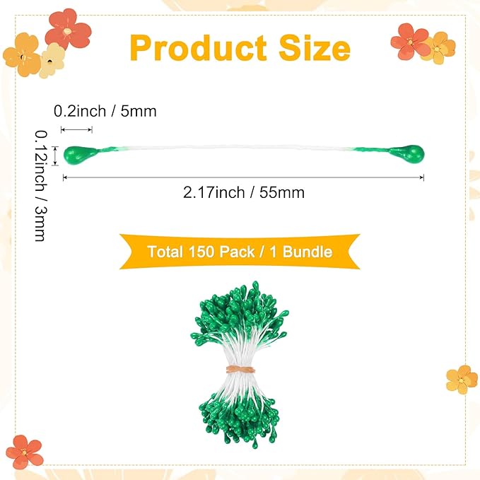 150-Pack Flower Stamens for Crafts, 5mm Double Heads Artificial Pearl Floral Pistil Mini Flower Pollens Stamens for DIY Making/Wedding/Scrapbook Decoration [Green]