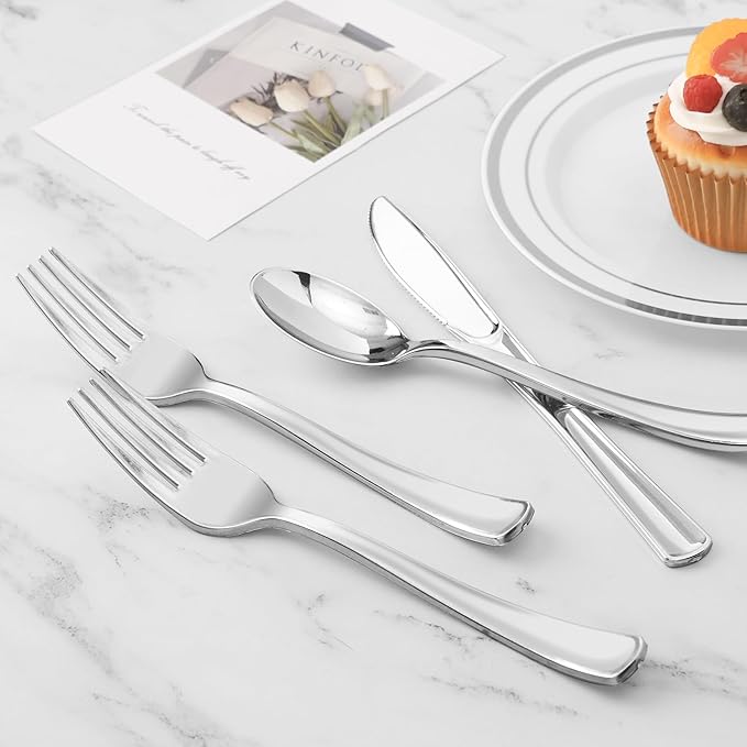 BESTVIP 50 Pack Pre Rolled Silver Plastic Silverware Set, Disposable Wrapped Cutlery Set with 50 Napkins, 50 Knives, 50 Forks and 50 Spoons for Party, Birthday