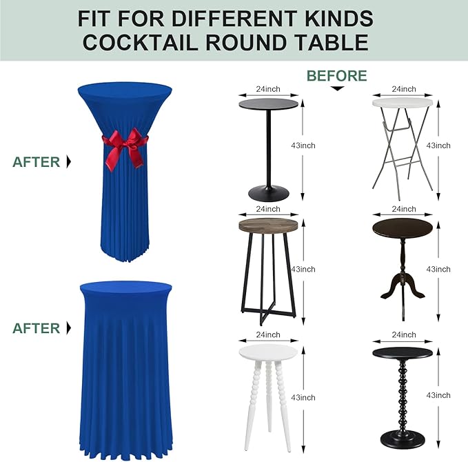 Cocktail Table Covers - 2 Pack 24"x 43" Royal Blue Cocktail Table Tablecloth with Natural Wavy Round Skirt for Bar Wedding Party Banquet