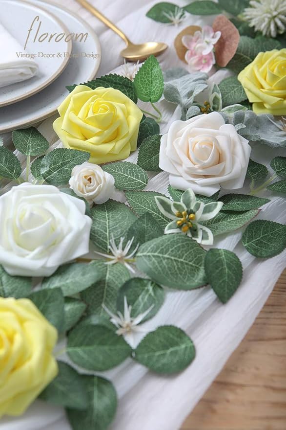 Floroom Artificial Flowers 25pcs Real Looking Cream Foam Fake Roses with Stems for DIY Wedding Bouquets Bridal Shower Centerpieces Floral Arrangements Party Tables Home Decorations