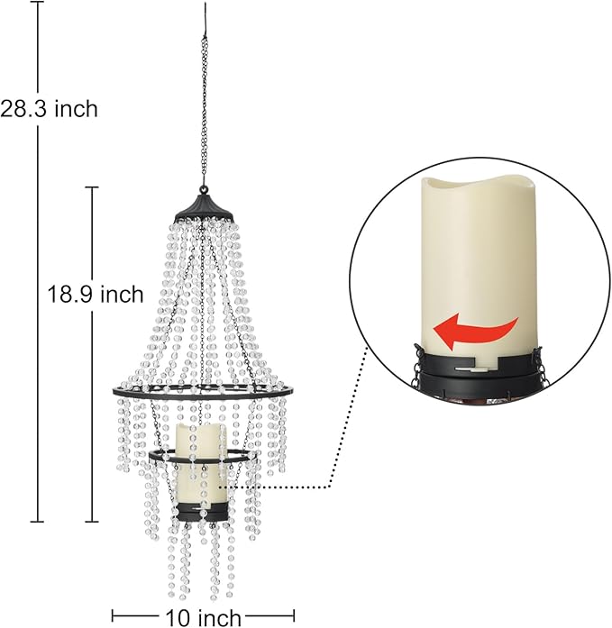 Battery Operated Hanging Chandelier Outdoor Indoor, 28” Modern Acrylic Crystal Hanging Beaded Lantern with Led Candle Light, Pendant Lights Decor for a Gazebo, Garden, Backyard, Patio, Balcony, Porch