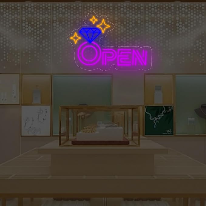 Diamond Open Indoor Neon Sign For Jewelry Store Custom Led Neon Sign Business Decor Store Decor Diamond LED Light Wall Art Decoration, 16.5"x11", Purple