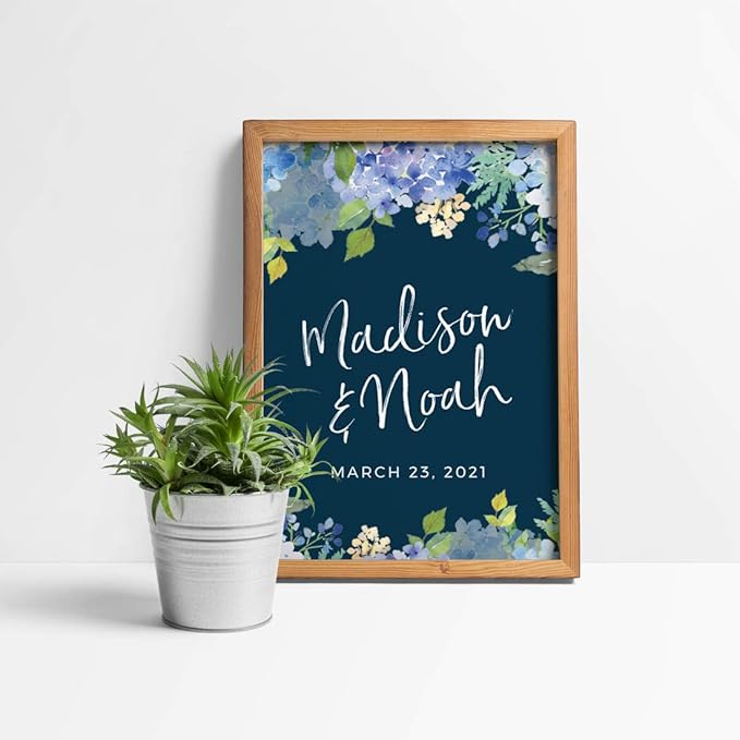 Andaz Press Personalized Extra Large Wedding Easel Board Party Sign, 12x18-inch, Baby Blue Hydrangea Floral Flowers on Navy Blue, Bride Groom Names and Date, 1-Pack, Custom