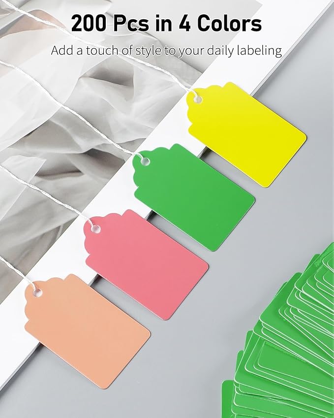 Uniclife 200 Pcs Price Tags with String Attached 1.8 Inch Writable Colored Hang Tag String Tags for Pricing Clothing Jewelry Price Display Labels Blank Merchandise Marking Paper Tag, 1.8" x 1.05"