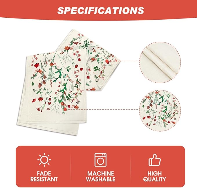 Artoid Mode Floral Leaves Christmas Table Runner, Wild Flowers and Grasses Winter Kitchen Dining Table Decoration for Home Party Decor 13x72 Inch