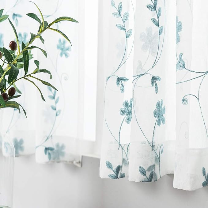 Floral Embroidery Sheer Curtains Blue 95 Inches Long, Window Treatments Rod Pocket Drapes for Living room, Bedroom, Semi Crinkle Voile Curtain Panels for Yard, Patio, Villa, Parlor, Set of 2, 52"x95".