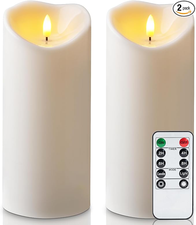Amagic 4” x 9” Large Outdoor Waterproof Flameless Candles with Remote, Battery Operated Candles with Timer, Flickering Fake LED Pillar Candle for Patio Yard Porch Decor, Ivory White, Set of 2