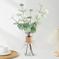 Artificial Eucalyptus Stems in Glass Vase with Faux Water, 15" Small Bathroom Greenery with Double-Sided Green Leaves, Farmhouse Office Decor, Realistic Fake Plant Wedding Centerpiece