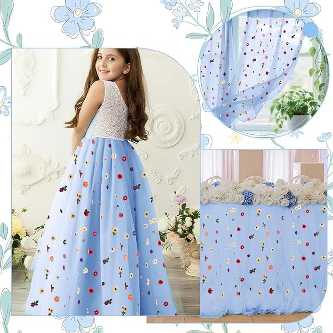Blue Floral Table Runner 10 FT, Embroidery Daisy Table Runners Seasonal Sheer Tulle Table Runner for Thanksgiving Wedding Birthday Baby Shower Party ﻿