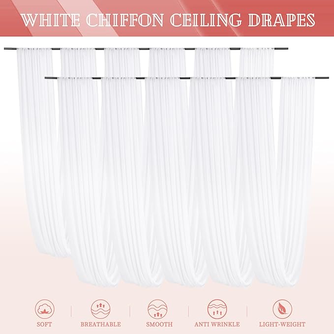 10 Panels White Ceiling Drapes for Wedding 5ftx30ft Sheer Drapery Chiffon Fabric Arch Draping Curtains for Party Ceremony Birthday Baby Shower Reception Stage Ceiling Decorations