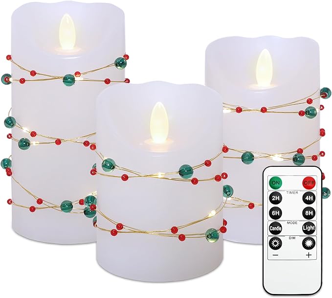 Christmas Flameless Candles with Red Green Beads String Lights - Real Wax Christmas Decor Battery Operated Candles with Remote & Timer- Home Party Bedroom Holiday Xmas Decorations - Set of 3