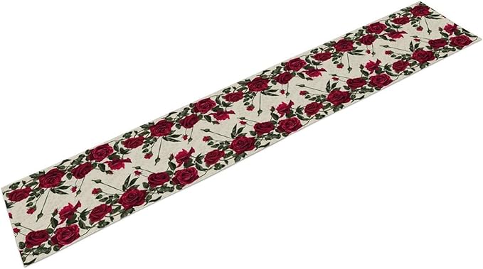Rose Table Runner, Retro Red Rose Flowers Green Leaves Valentine's Day Kitchen Dinning Table Runner for Indoor Outdoor Home Wedding Party Holiday, 13x36 Inch