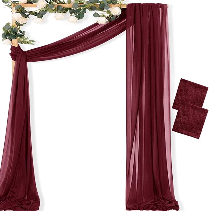 MLMC Burgundy Wedding Arch Draping Fabric 2 Panels 29" x 20 FT Extra Long Gauze Drapes Sheer Backdrop Curtains 6.6 Yards Outdoor Drapery Panels for Wedding Bridal Shower Party Ceiling Decoration