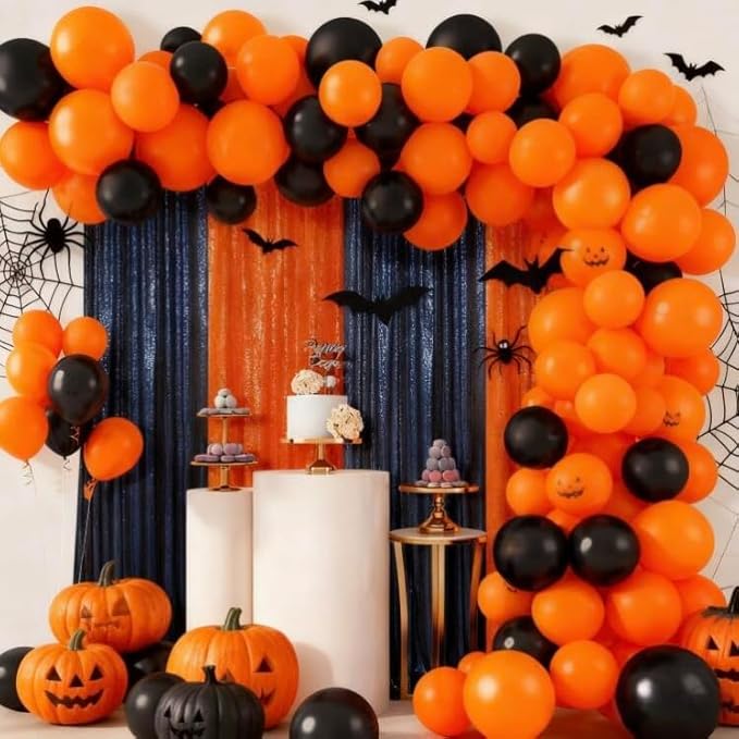 ShinyBeauty Navy and Orange Backdrop - 2FTx8FT Blue Photo Backdrops, Sequin Curtains, Glitter Fabric for Happy Birthday Parties and Events Halloween Decor