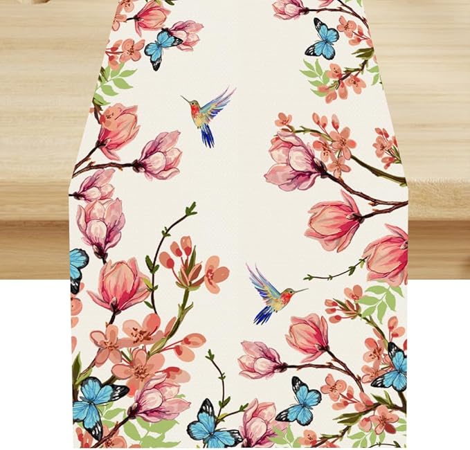Spring Floral Bird Table Runner, Watercolor Pink Flower Plants Nature Butterfly Table Runner for Kitchen Dinner Living Room Home Party, 13x70 Inch