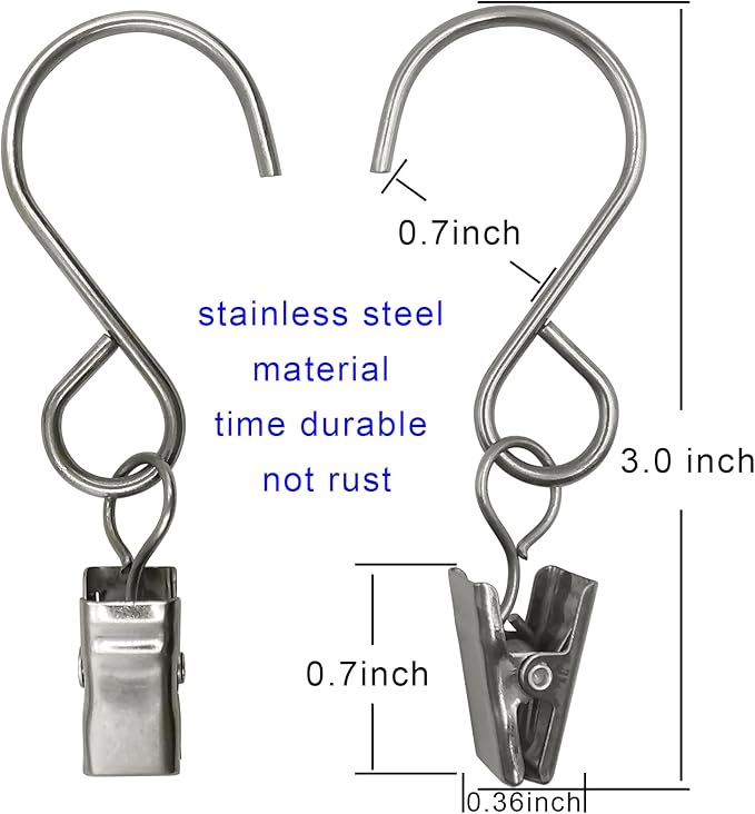 Stainless Steel S Hooks Curtain Clips, 50 Pack Hanging Party Lights Clips, Hangers Gutter Photo, Art Craft Display, 3 Inch Long, Silver