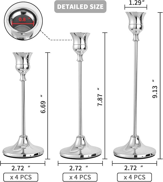 CHILL RECIPE Silver Taper Candle Stick Holders Tall Candle Holder, Vintage Candlesticks Holder Bulk for Home Decor Table Centerpiece Dining Party Festival Decorations (4 Set 12Pcs)