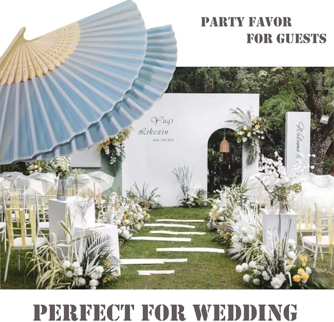 Personalized Engraved Silk Fans Folding Hand Fans 15 Pcs, Light Blue Summer Wedding Fans, Custom Imitated Silk-Bamboo Fans for Guests Wedding Party Favor Bridal Shower Gifts Party Decoration