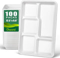 Gezond 100% Compostable 5 Compartment Plates 12.5 * 8.6 Inch, 100 Pack Disposable School Lunch Trays, Eco-Friendly Sugarcane Plates for Party Buffet Lunch Dinner