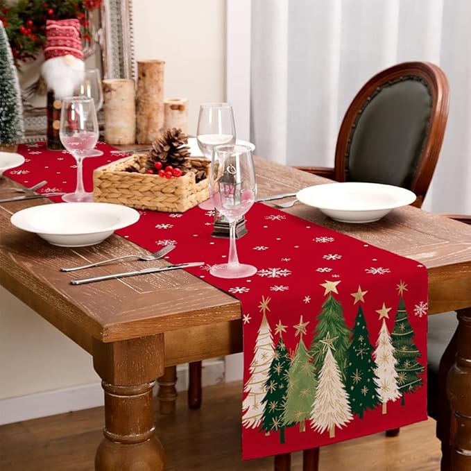 GEEORY Christmas Table Runner 13x60 Inch, Xmas Trees Snowflakes Holiday Decorative Farmhouse Table Decoration for Kitchen Dinning, Indoor Outdoor Dinner Party Decor (Red) GT150-60