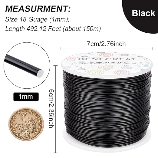 BENECREAT 18 Gauge Aluminum Wire 492FT Anodized Black Bendable Craft Wire for Beading Jewelry Craft Making, Plant Gardening, Sculpting Model Making