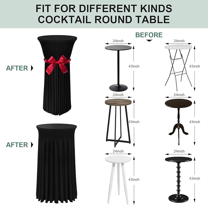 Cocktail Table Covers - 2 Pack 24"x 43" Black Cocktail Table Tablecloth with Natural Wavy Round Skirt for Bar Wedding Party Banquet