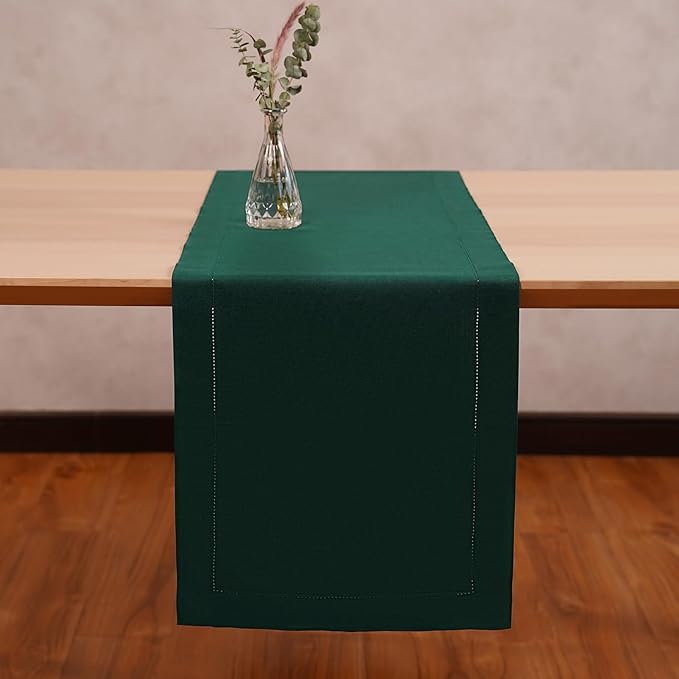 Green Table Runner 36 Inch – Cotton Linen Hemstitch Farmhouse Table Runner 14x36 – Washable Fabric for Dining Table, Spring, Summer, Christmas, Wedding, Everyday Décor – Serena
