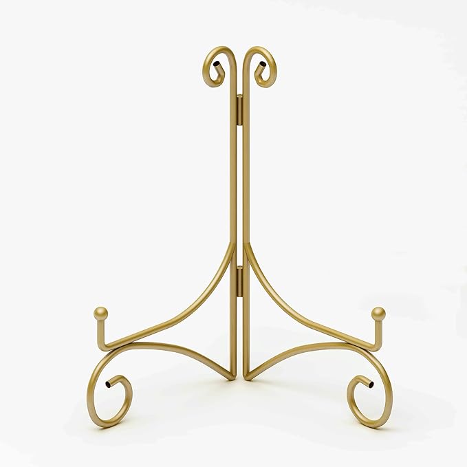 Plate Display Stands with Hinged Folding Design, 8 Inch Picture Frame Stand for Tables, Decorative Easels for Plates, Photos, Cards and Books, 8’’ Gold, 2-Pack