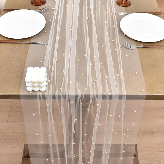Joanlody Fall Pearl Table Runner 10ft Rustic Boho Tulle Table Runner with Pearls for Baby Shower Wedding Party Veil Dessert Thanksgiving Table Decor Champagne