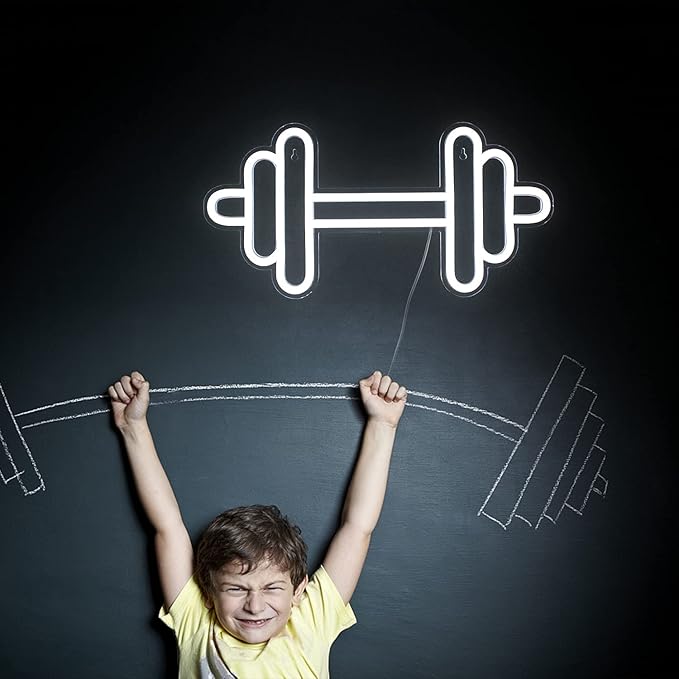 Lucunstar Gym Neon Sign,Barbell Dumbbell Shaped Neon signs White Neon Lights Sign Gym Wall Stickers for Fitness Club Decor LED Neon Sign for Teen Girls Teen Sports Room Game Room Decor