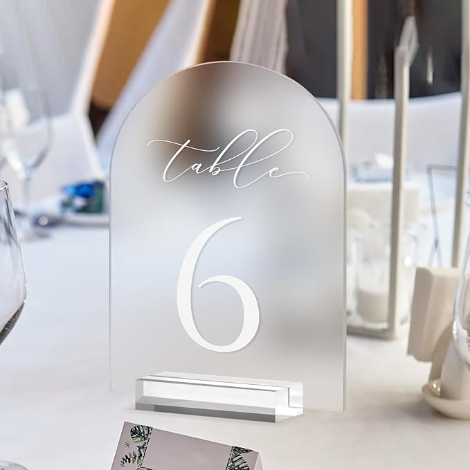 JINMURY Frosted Arch Table Numbers for Wedding, 5x7 Inch Arched Acrylic Table Numbers 1-15 with Stands, Frosted Acrylic Arch Sign with Holder for Centerpiece, Reception, Wedding, Party, Event