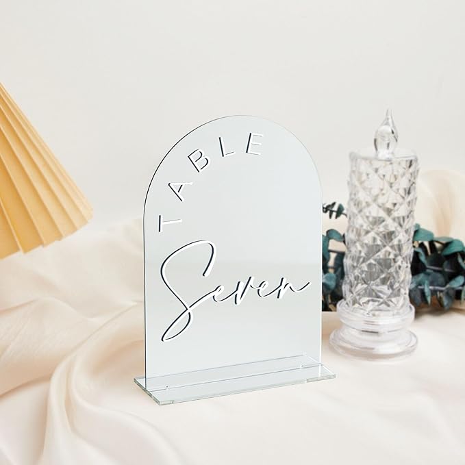 JINMURY Sliver Arch Wedding Table Numbers 1-20 with Stands, 5x7 Inch Acrylic Arch Sign with White Lettering, Sliver Mirror Acrylic Table Numbers for Wedding Reception