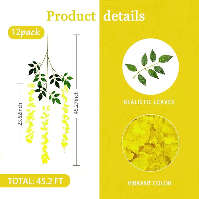 12 Pack Yellow Wisteria Hanging Flowers Garland, 3.77 Feet Artificial Flower Vines, Fake Wisteria, Artificial Vines Hanging Garland for Backdrop Outdoor Yard Garden Decor
