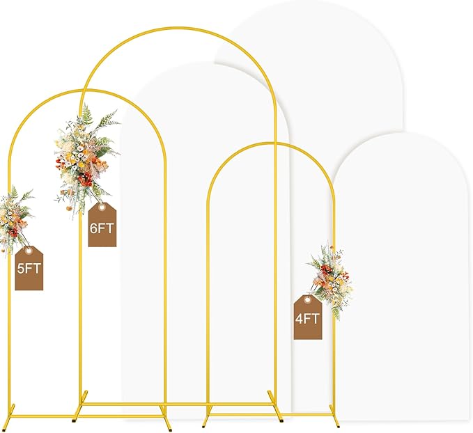 MODFUNS Metal Arch Backdrop Stand and Cover Set 4&5&6ft Gold Arch Backdrop Stand and White Arches Cover Balloon Arched Backdrop Frame with Covers for Wedding Ceremony Birthday Party Decor