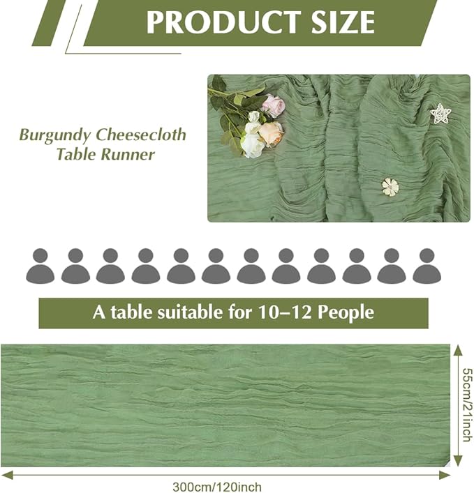 10 Pack Olive Green Cheesecloth Table Runner -21*120Inch Long Boho Wedding Table Decor, Rustic Gauze Fabric Runner for Bridal Showers, Baby Showers & Parties (Sheer, Lightweight, Wrinkled Design)