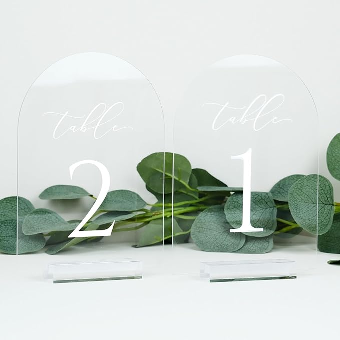 JINMURY Clear Arch Table Numbers for Wedding, 5x7 Inch Arched Acrylic Table Numbers 1-10 with Stands, Clear Acrylic Arch Sign with Holder for Centerpiece, Reception, Wedding, Party, Event