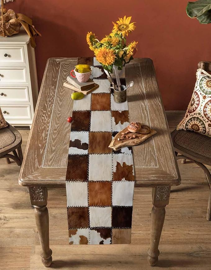 Abstract Cowhides Cotton Linen Table Runner for Dining Kitchen, Wedding Outdoor Party Tablerunners Decoration, Brown Beige Animal Fur Texture Dresser Scarf Coffee Tablecloth Runners 13x48 Inches
