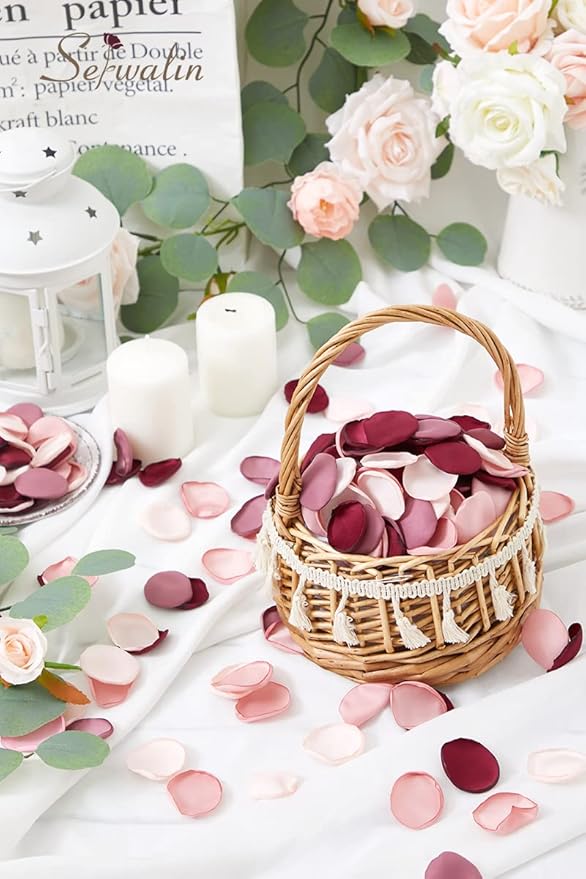 Serwalin 500pcs Silk Rose Petals Artificial Flowers Petals for Weddings Proposal Burgundy Pink Petals Fake Rose Petals for Wedding Flower Girl Basket Bridal Shower (4 Color Mixes)