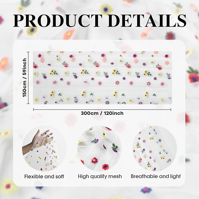 Artoid Mode 6PCS Embroidery Daisy Gauze Table Runner 120 Inch 10FT, Seasonal Sheer Kitchen Dining Holiday Wedding Birthday Table Decor for Home Party