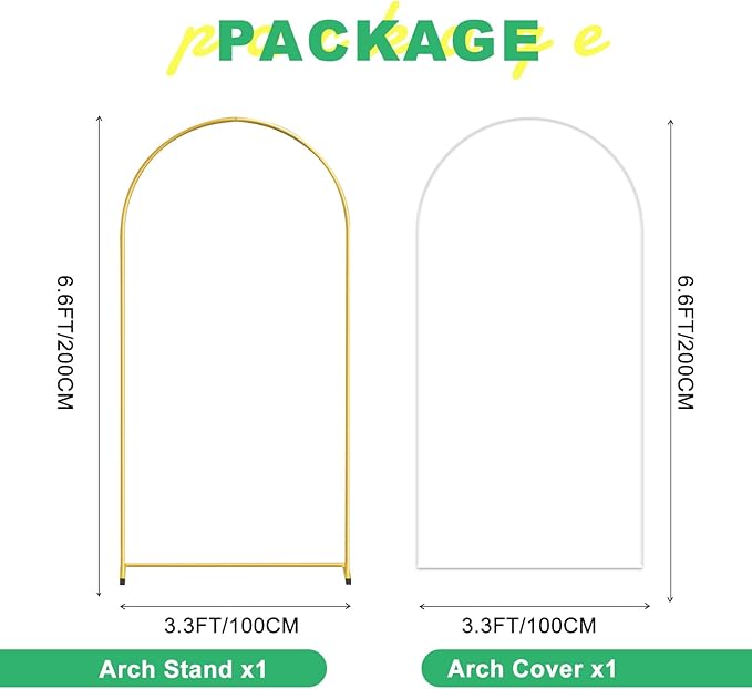 Metal Arch Backdrop Stand and Cover Set, 6.6FT White Reusable Spandex Fitted Backdrop Cover and Gold Wedding Arch Frame for Baby Shower, Birthday, Parties Decoration.