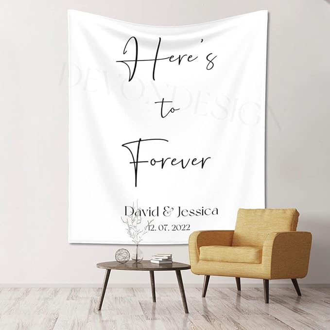 Here's to Forever Rustic Backdrop, Custom Tapestry with Names and Date, Personalized Calligraphy Banner for Ceremony, Reception Backdrop, Wedding Arch