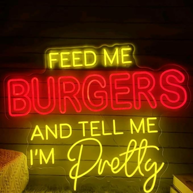 Feed Me Burger And Tell Me I'm Pretty Neon Sign Custom Hamburger Food LED Neon Light Home Wall Decor Coffee Shop Restaurant Decoration Size:20x16.5inch…