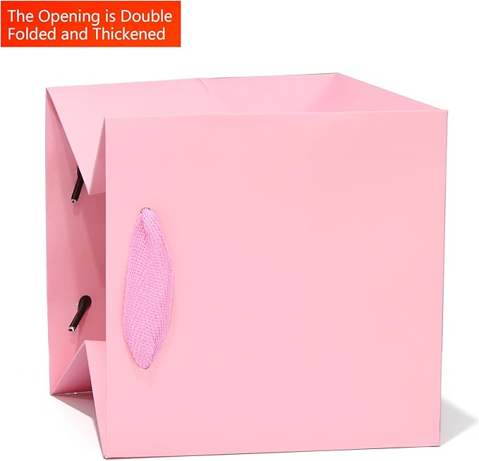 Pink Paper Gift Bag 10 in Paper Gift Box Large Square Bottom Kraft Paper Bags with Handles for Wedding Baby Shower Birthday Party (Pink, 10 x 10 x 10 in, 10 CT)