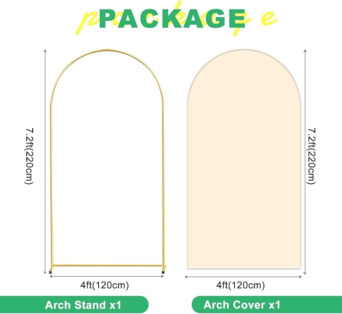 Metal Arch Backdrop Stand and Cover Set, 7.2FT Beige Reusable Spandex Fitted Backdrop Cover and Gold Wedding Arch Frame for Baby Shower, Birthday, Parties Decoration.
